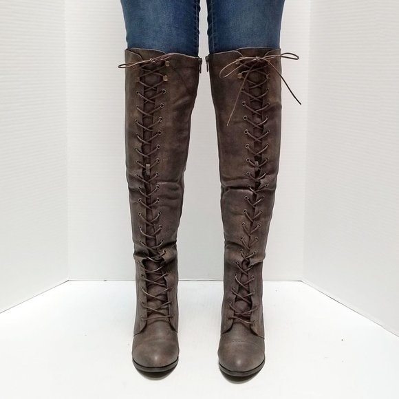 New Brown Over Knee Combat Lace Up Heel Boots - Picture 4 of 5